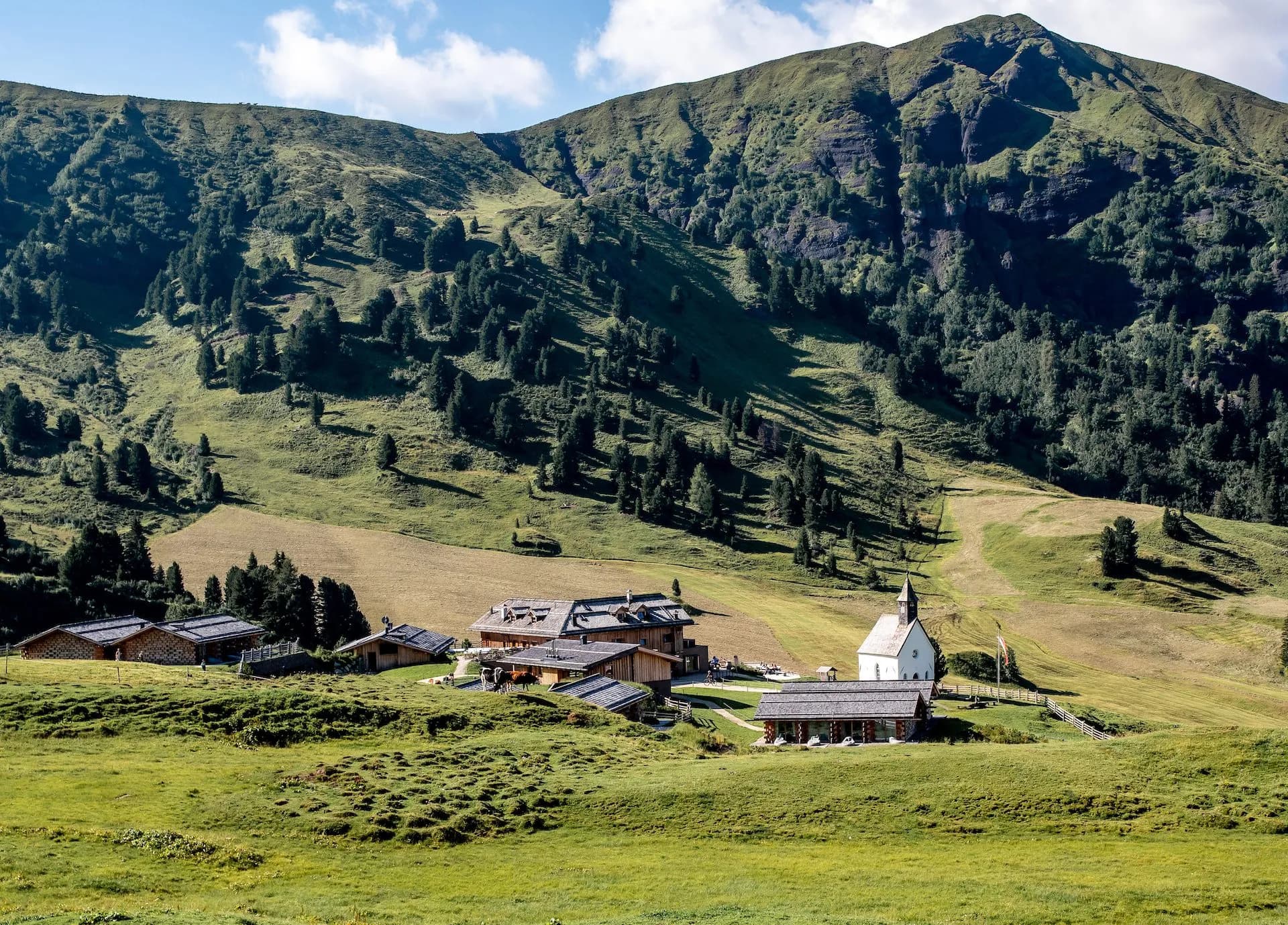Alpine meadow with wooden buildings, a white church, and a steep, forested mountain backdrop.