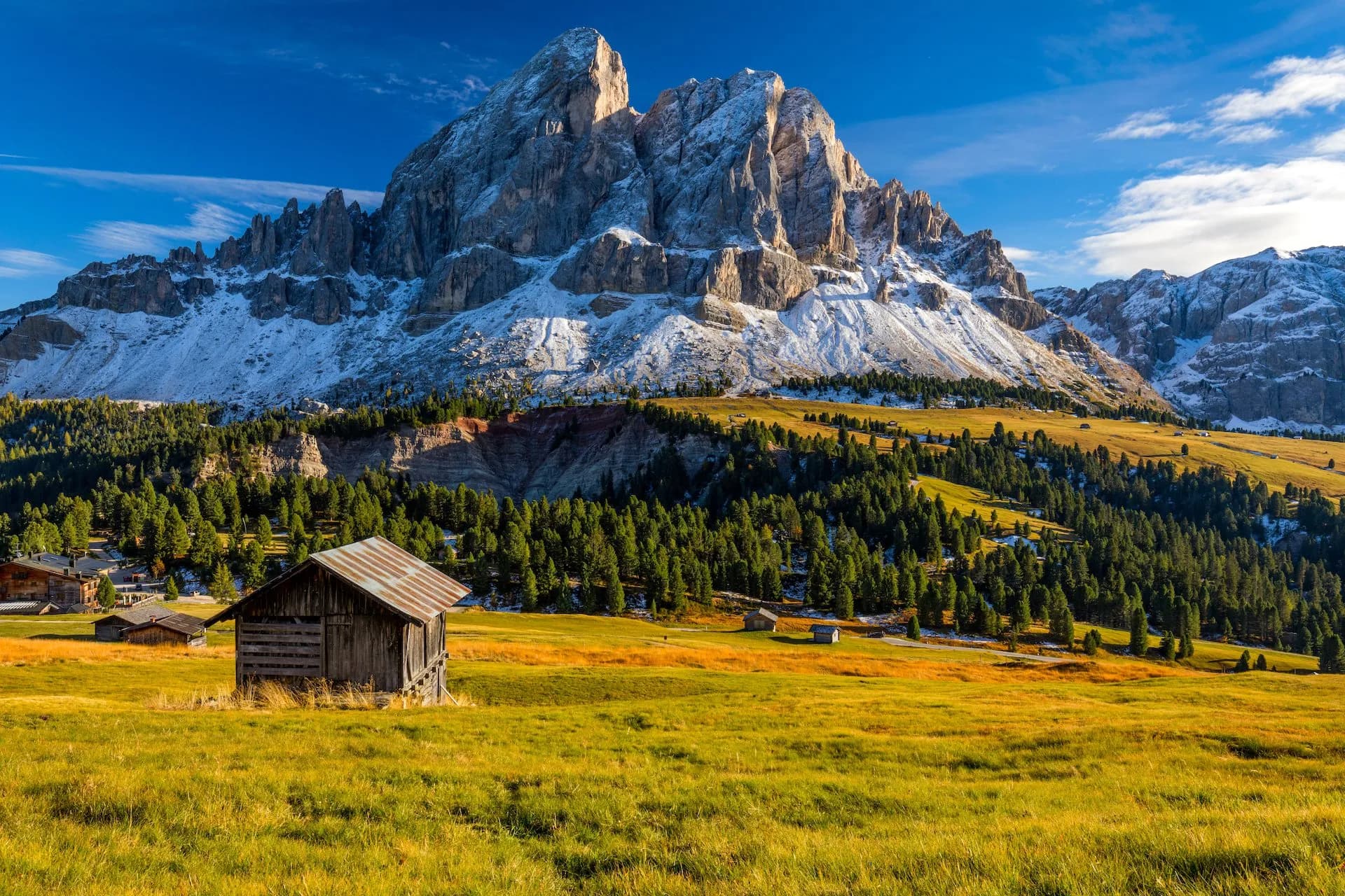 Wooden alpine hut in golden meadow below snow-dusted Dolomite mountains under blue sky.