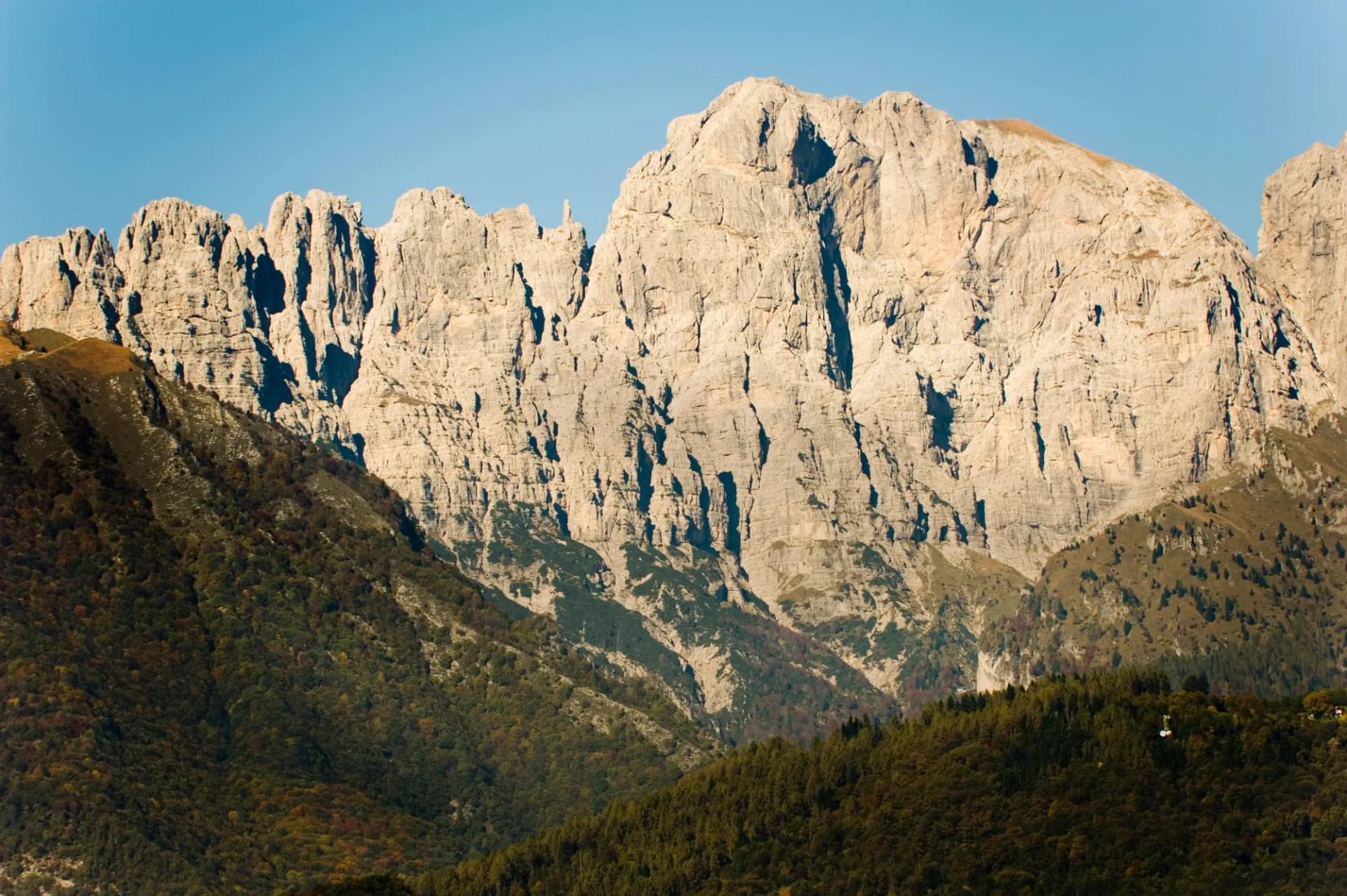 View of the Dolomites mountains with rugged pale rock faces above dark green forested slopes at sunset.