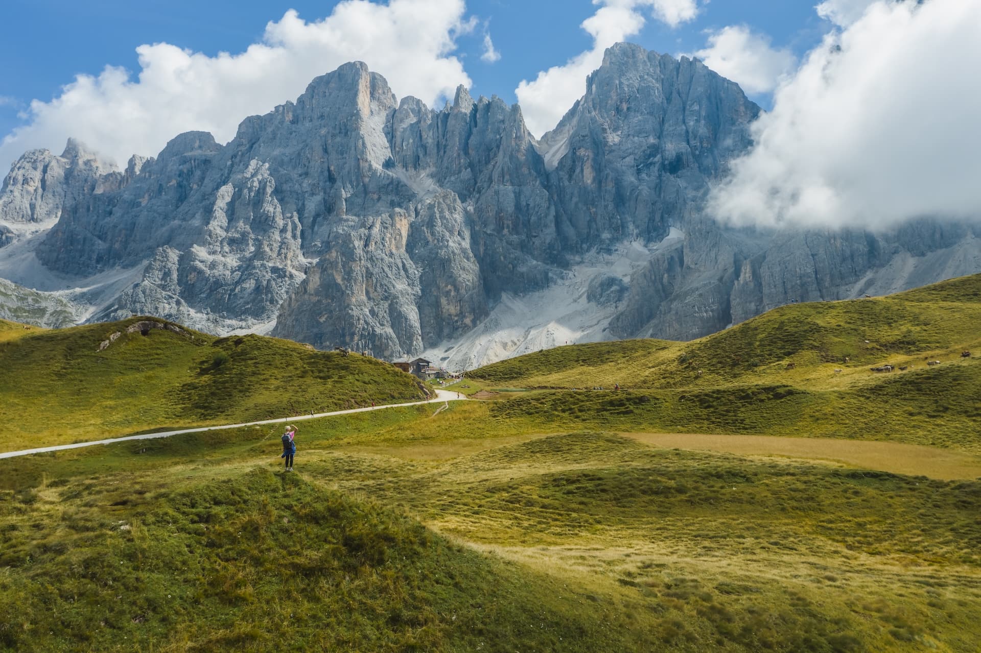 Hiker overlooking grassy hills with massive rocky mountains in Pale di San Martino