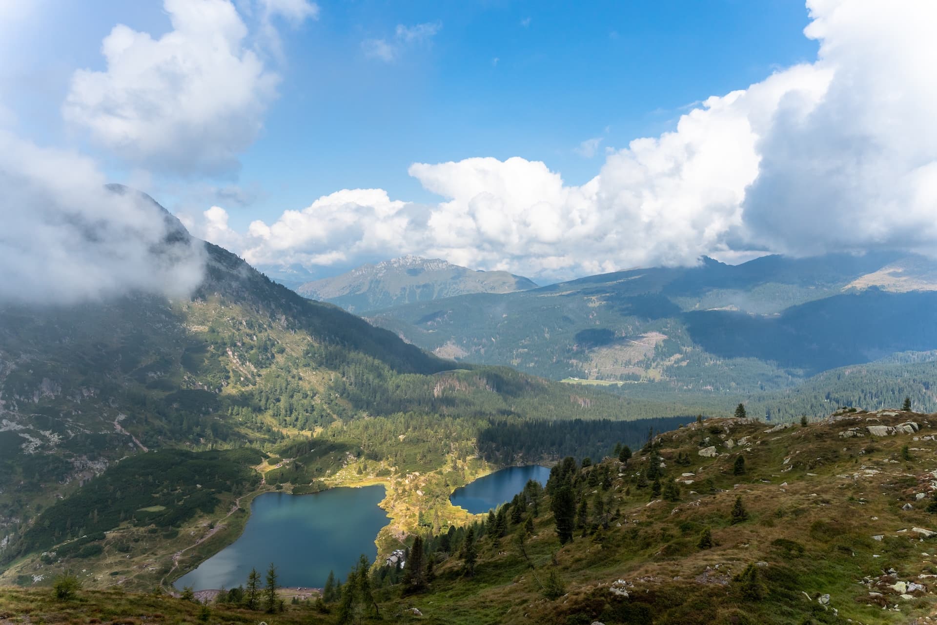 Alpine lakes nestled in valleys surrounded by forested mountains under a partly cloudy blue sky, Colbricon Lakes.