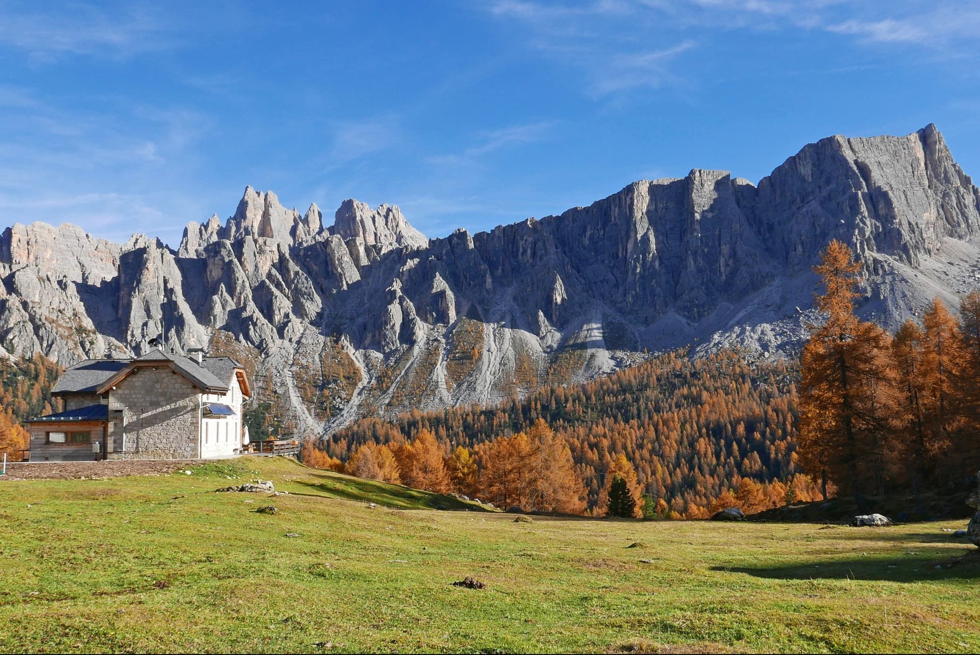 Stone mountain hut on grassy meadow below jagged peaks and autumn larch forest, Malga Giau.