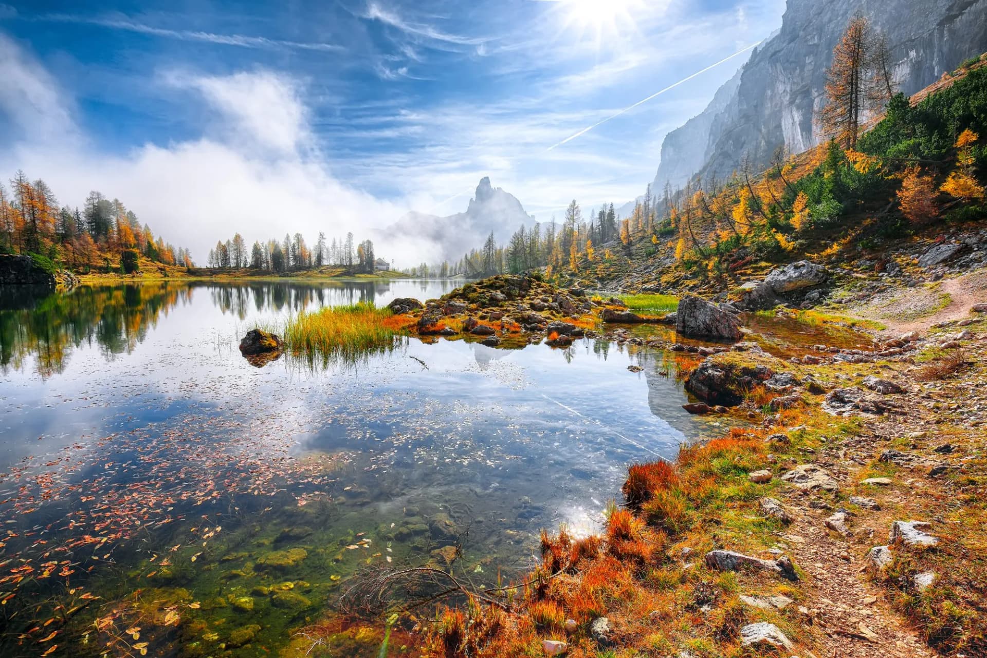 Fantastic autumn landscape. View on Federa Lake early in the morning at autumn