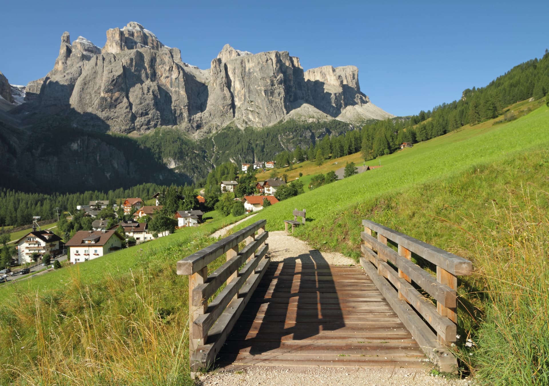 landscape with village Colfosco and Sella peak, Dolomites