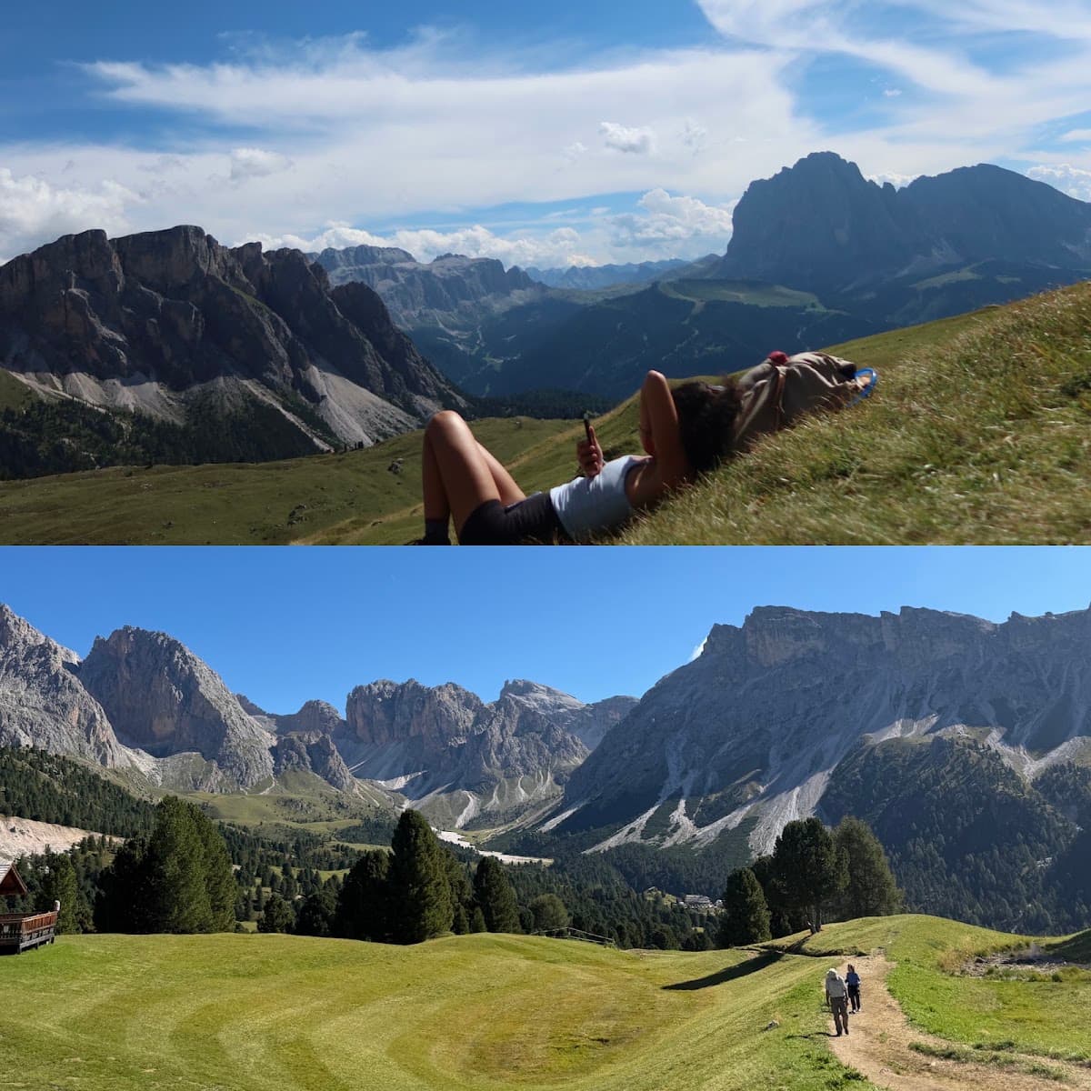 Hiker resting on grassy alpine mountainside with rugged peaks