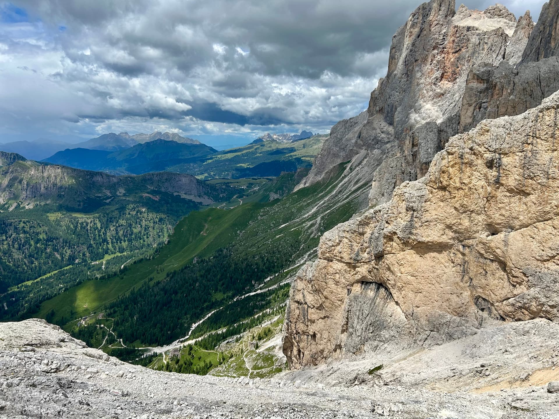 Alpine mountain peaks with green valley and rocky buttress under cloudy sky
