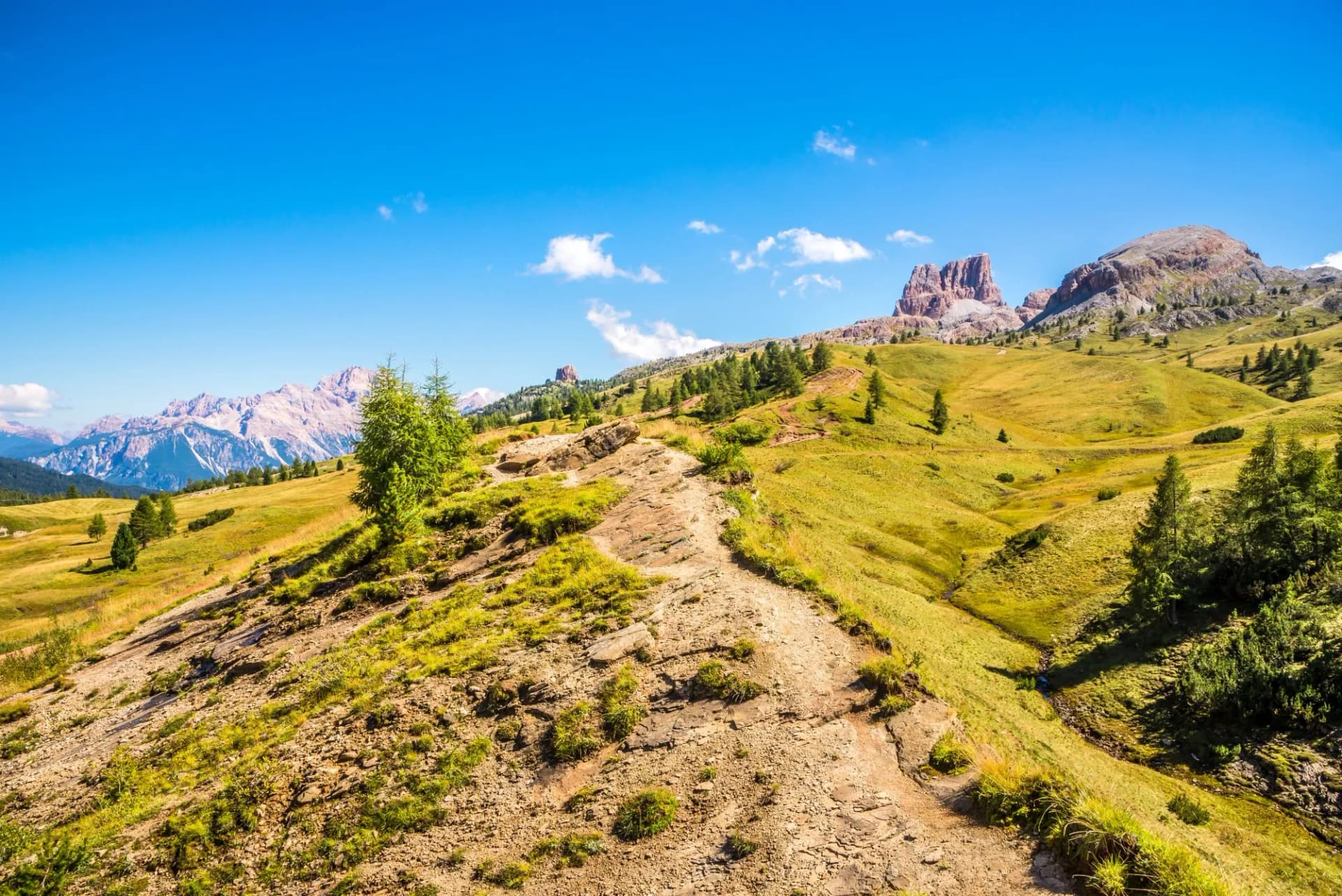 Hiking trail on grassy slope toward rugged mountain peaks under bright blue sky