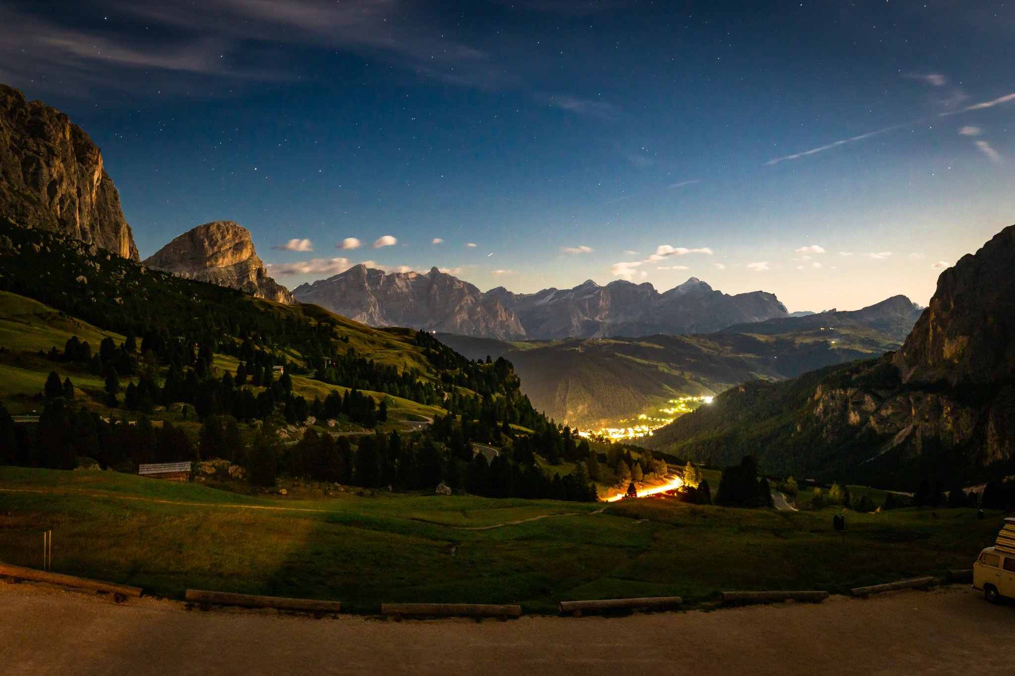 Night sky Passo Gardena mountains valley view, Italy.