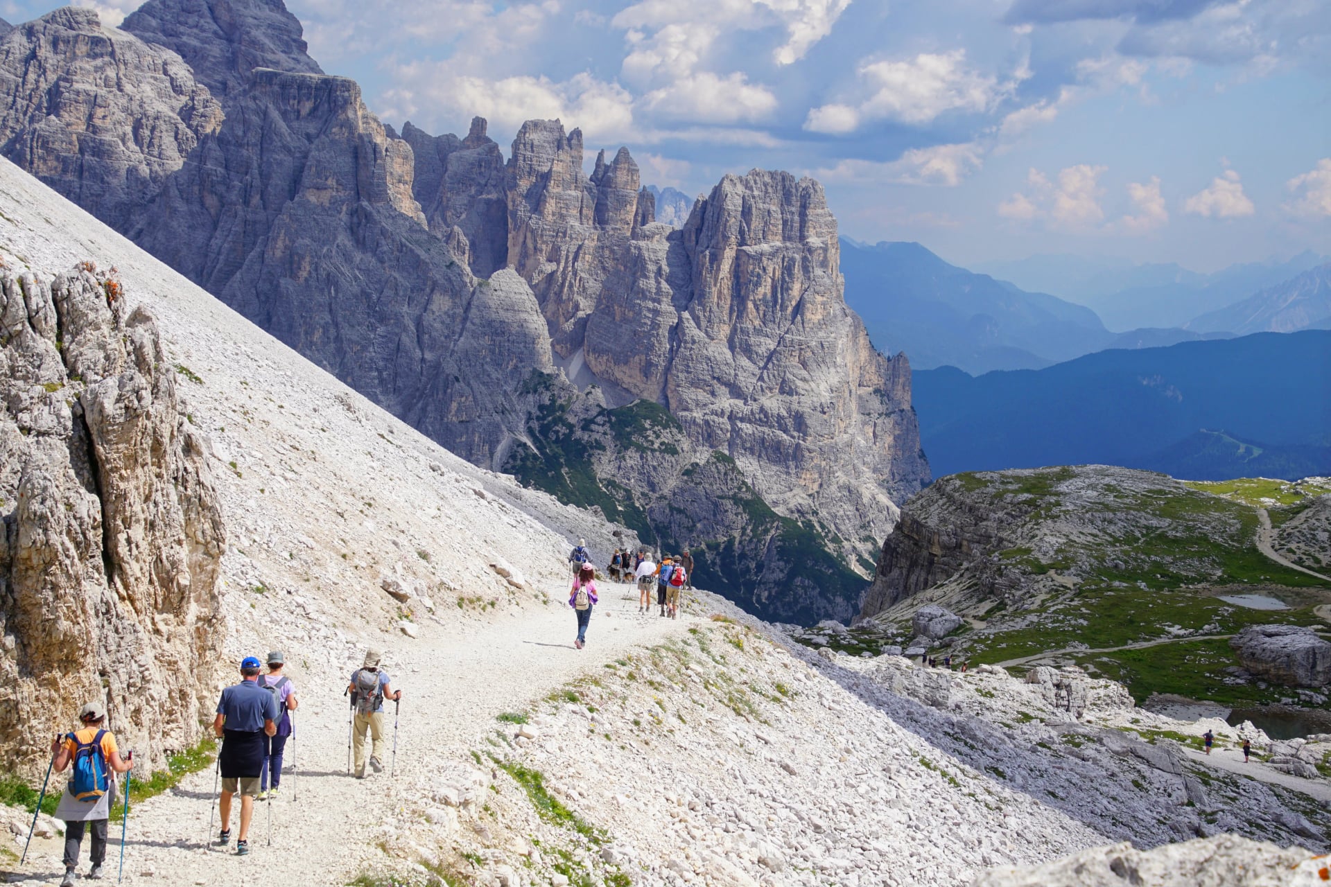 Hikers near a pass in the Drei Zinnen area