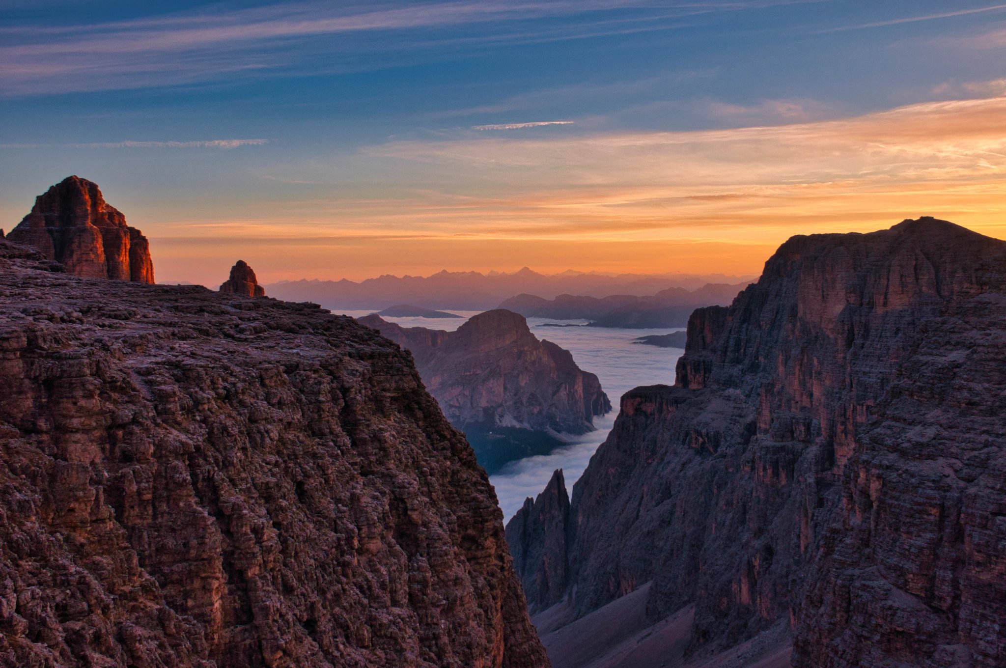 Sunset from Rifugio Boè over Alta Badia, Alta Via 2, Dolomites, Italy
