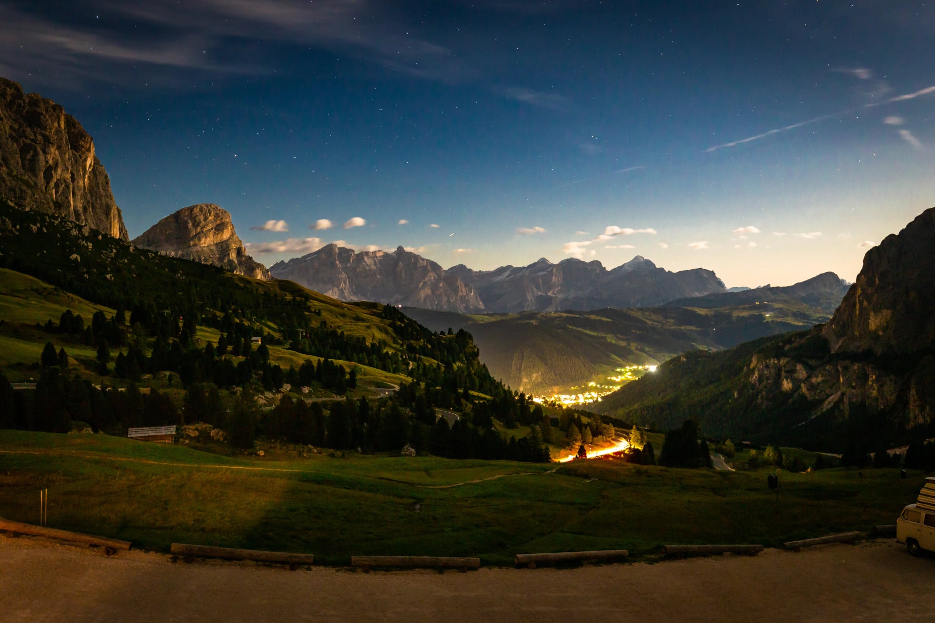 Night sky Passo Gardena mountains valley view, Italy.