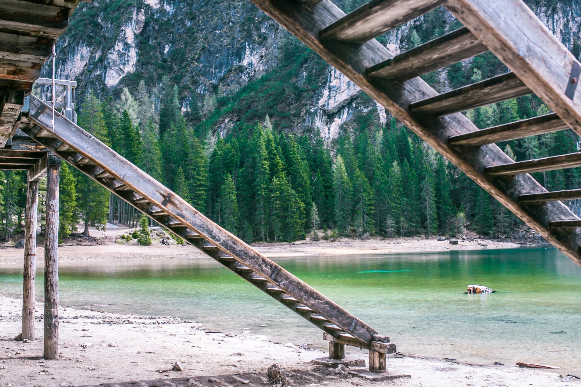 Lake Braies also known as Lago di Braies. The lake is surrounded by the mountains which are reflected in the water.1st point of the trekking route Alta Via 1, The Dolomites, Alps, South Tyrol, Italy.