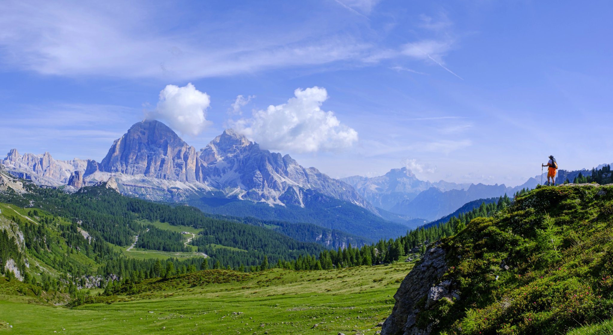 Hiker on Alta via 1, Giau Pass and the Cinque Torri, Dolomites, Italy