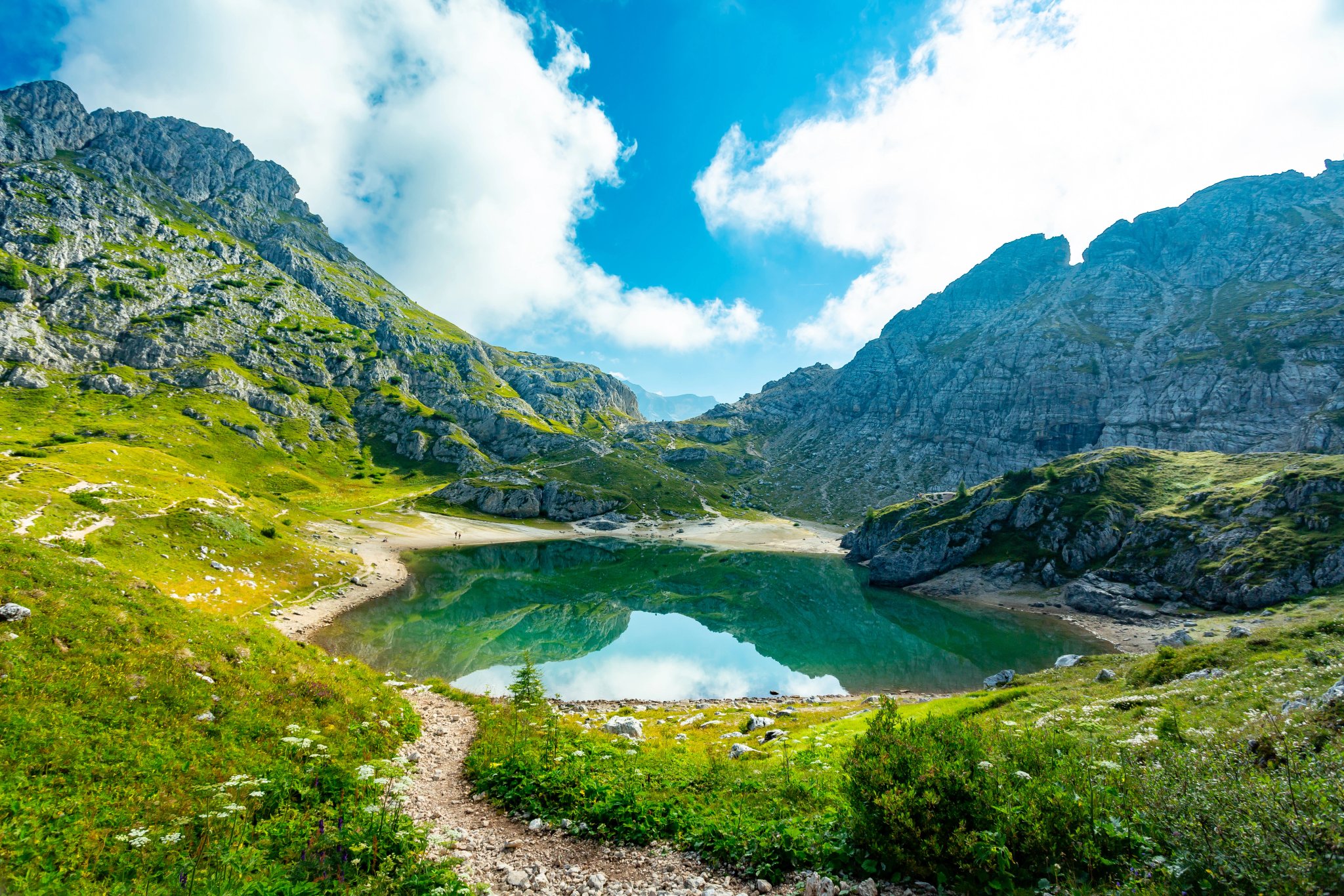 Coldai lake trail in the Dolomites, Italy