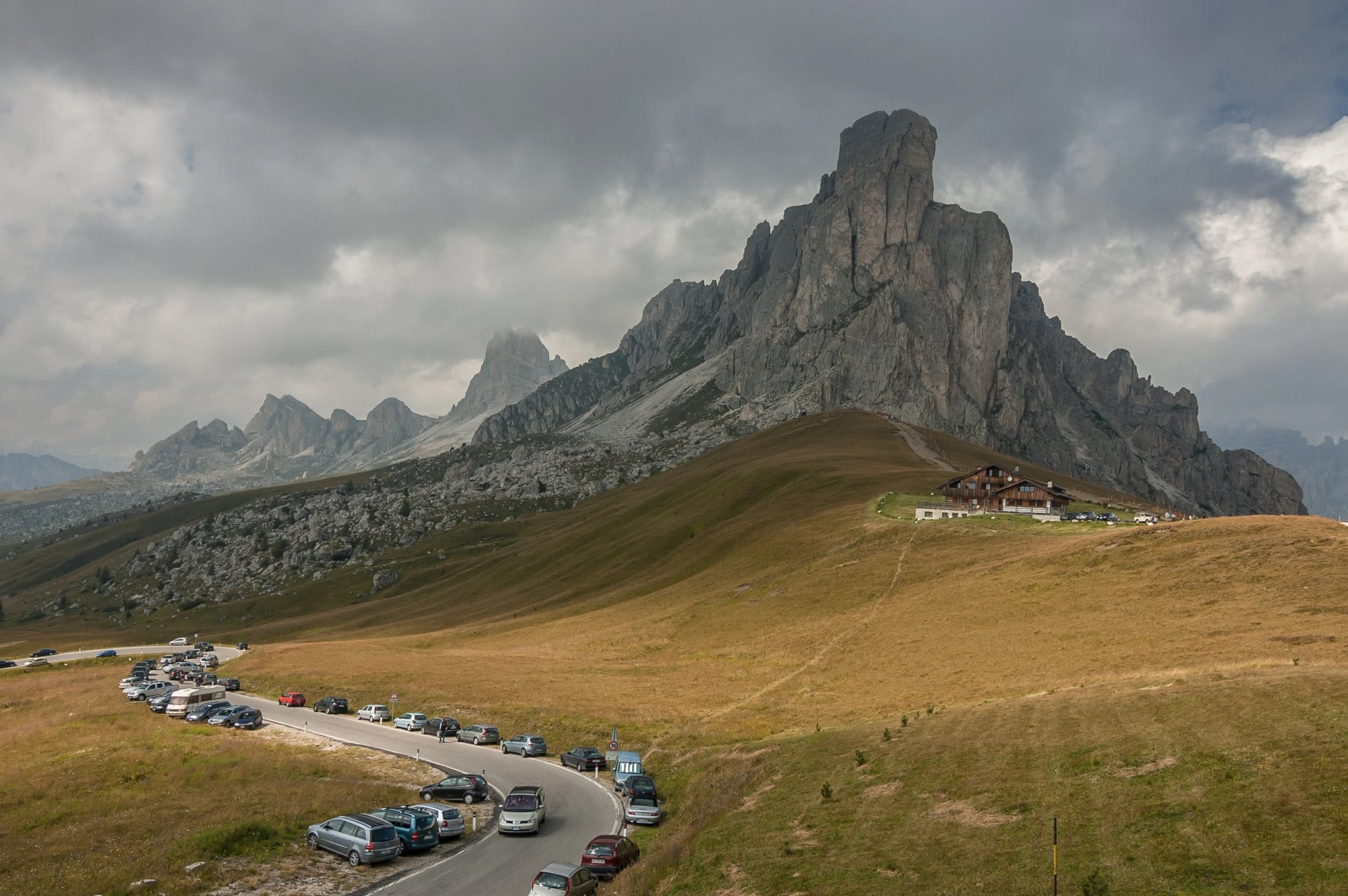 View of Ra Gusela, an impressive pyramide-shaped mountain in Cristallo-Faloria group, as seen from Passo Giau, Alta Via 1 trek, Cortina d'Ampezzo, Belluno province, Dolomites, South Tirol, Italy.