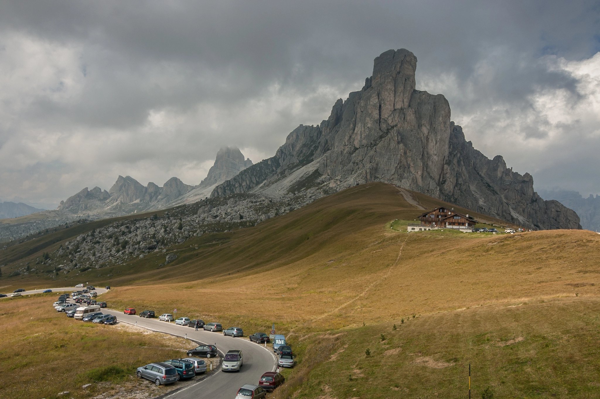 View of Ra Gusela, an impressive pyramide-shaped mountain in Cristallo-Faloria group, as seen from Passo Giau, Alta Via 1 trek, Cortina d'Ampezzo, Belluno province, Dolomites, South Tirol, Italy.