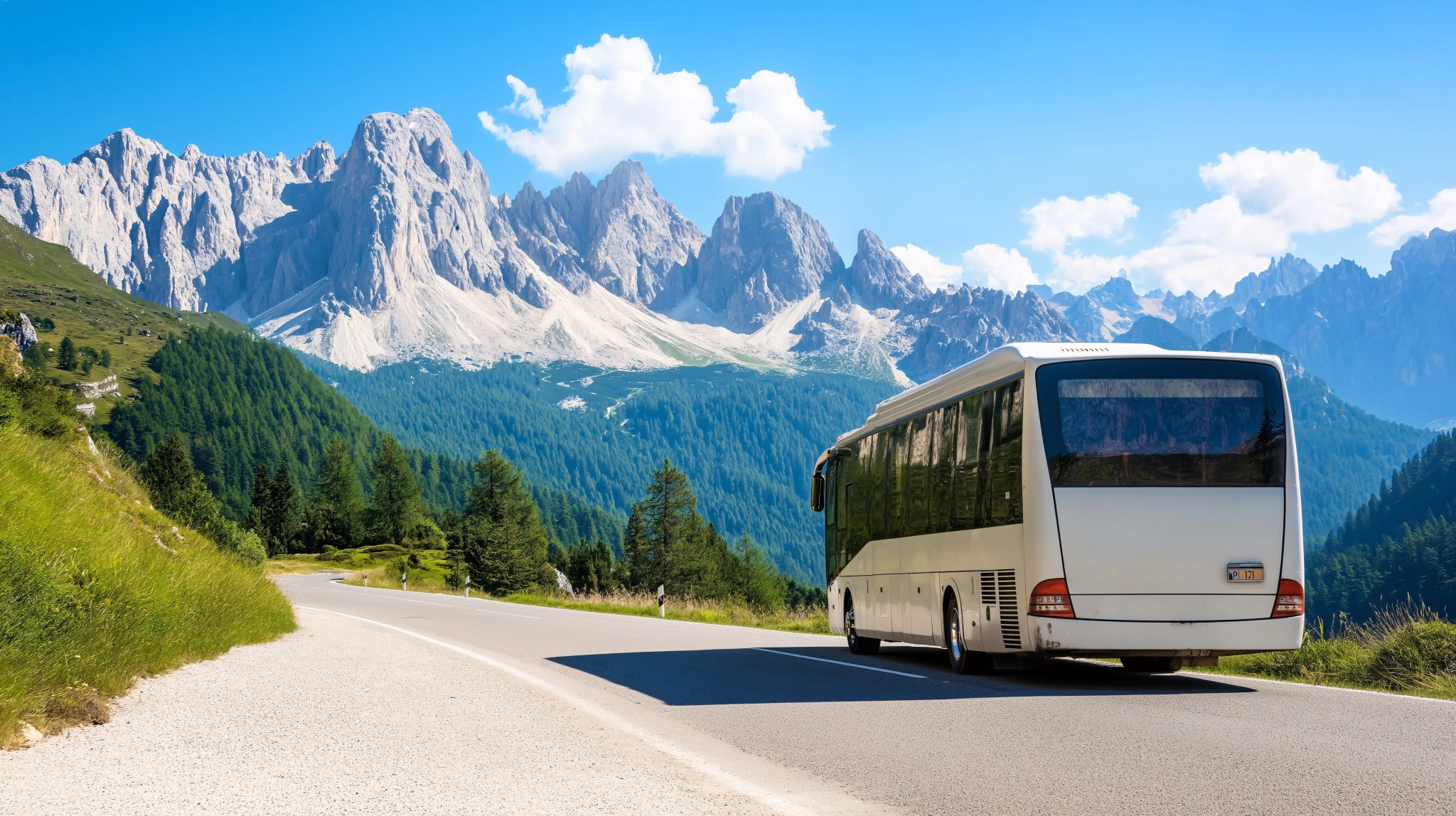 Scenic Mountain Road with Tour Bus in the Dolomites