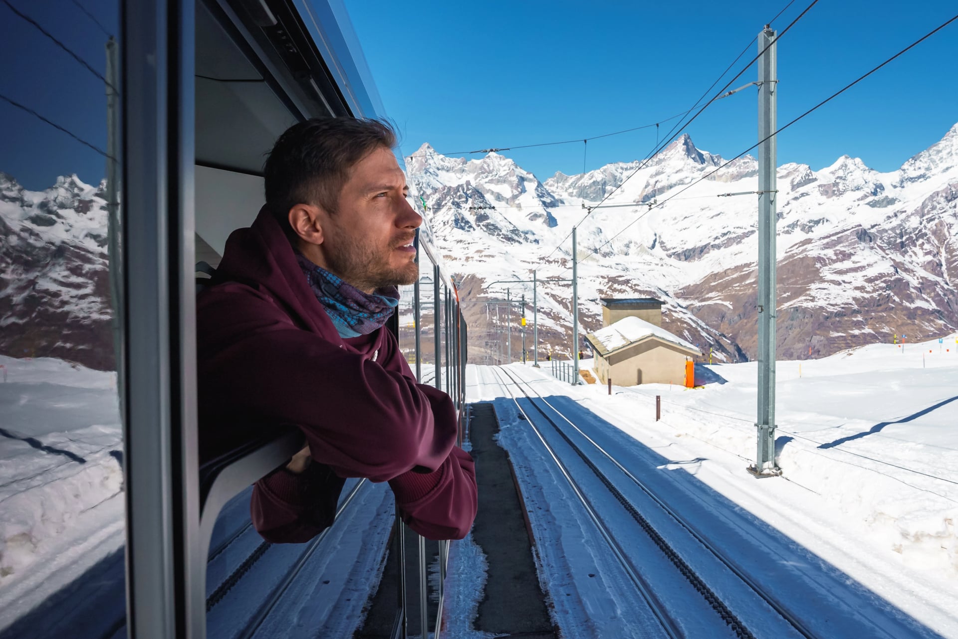 The train of Gonergratbahn running to the Gornergrat station and Stellarium Observatory - famous touristic place with clear view to Matterhorn. Glacier Express train.