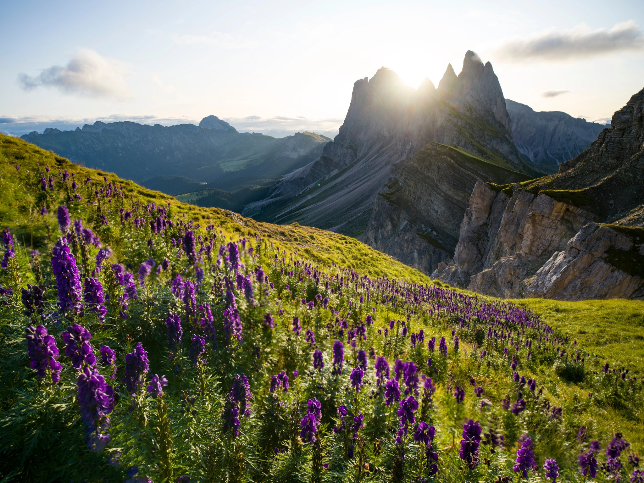 Beautiful rugged Seceda mountain range at sunrise in South Tyrol, Italy