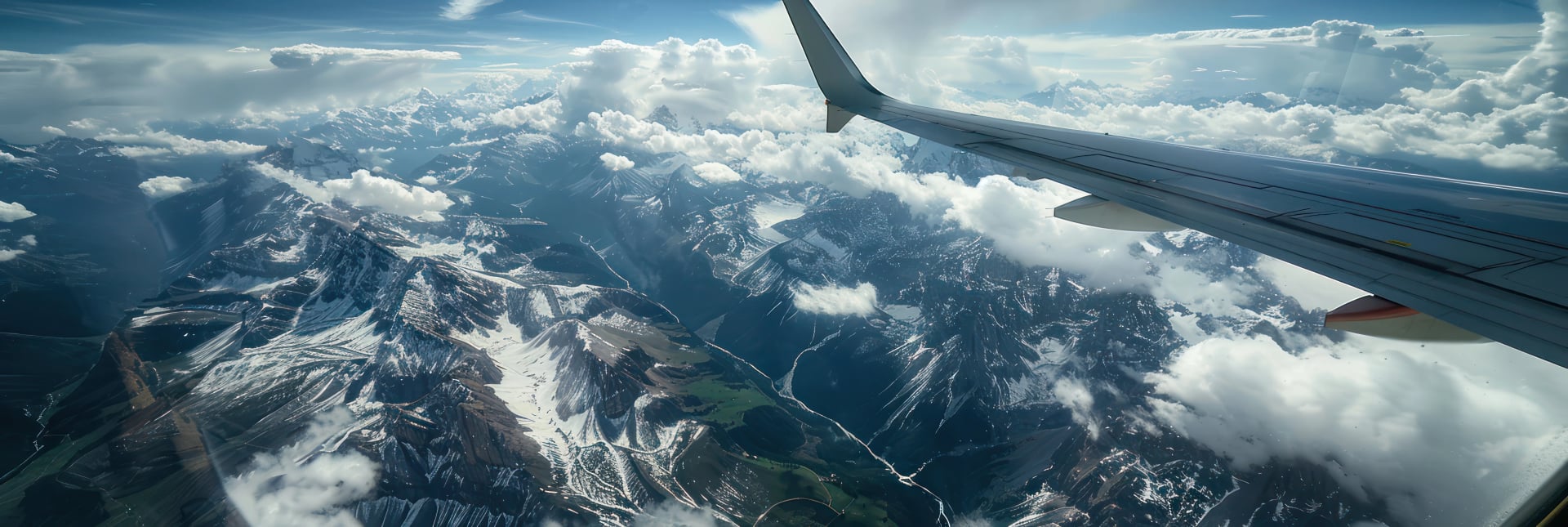 Aerial view of Dolomites mountains in Italy from airplane window. Majestic peaks reach towards sky with snow-capped tops. Clear blue sky with fluffy white clouds creates striking contrast.