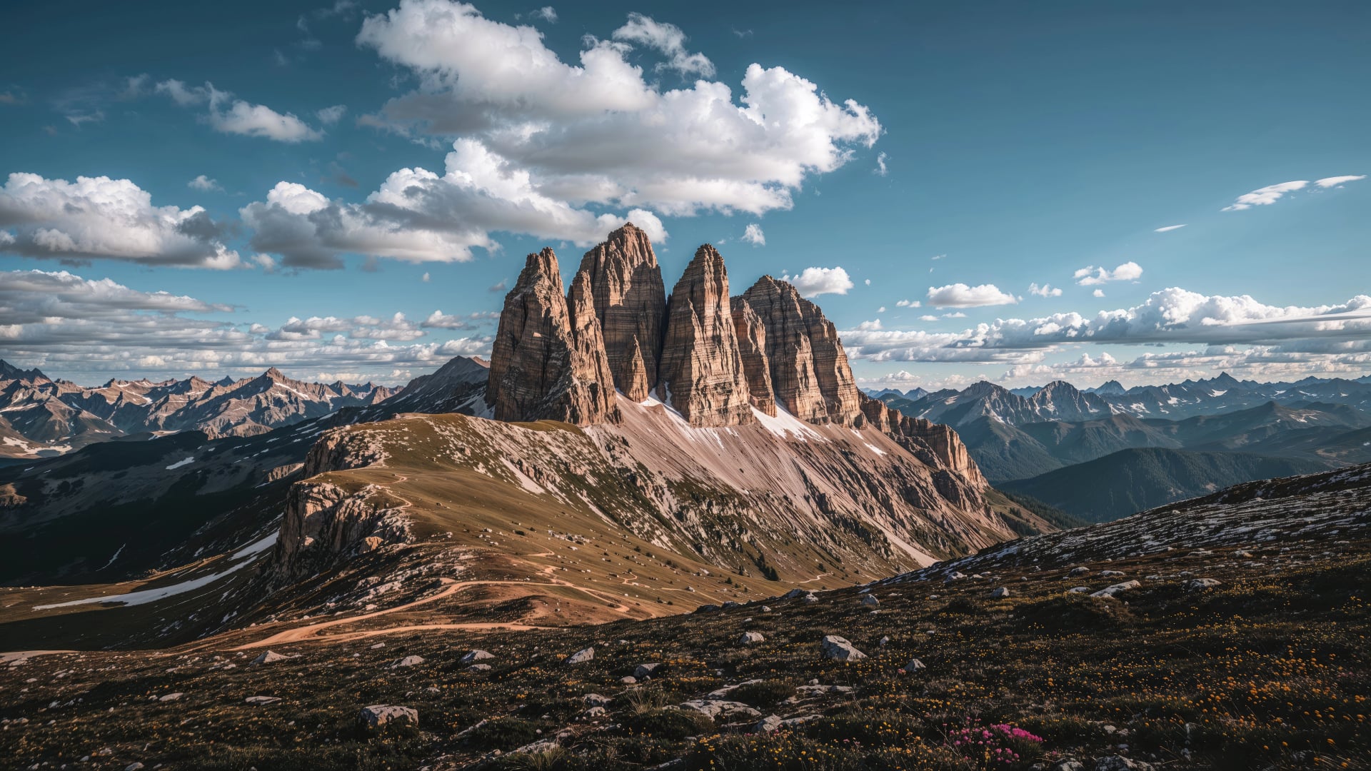 May scene of the northern side of the three towering peaks in the Dolomites, viewed from a renowned trail around the rocky summits with melting snow and flowering spring flora.