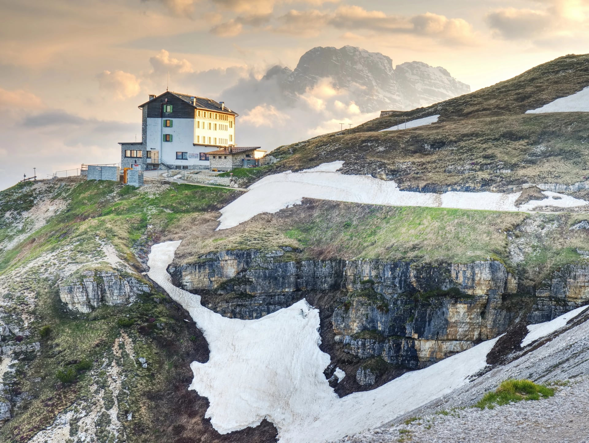 DOLOMITES, ITALY - May 26, 2018: Refugio Auronzo, Alpine hut 2333m