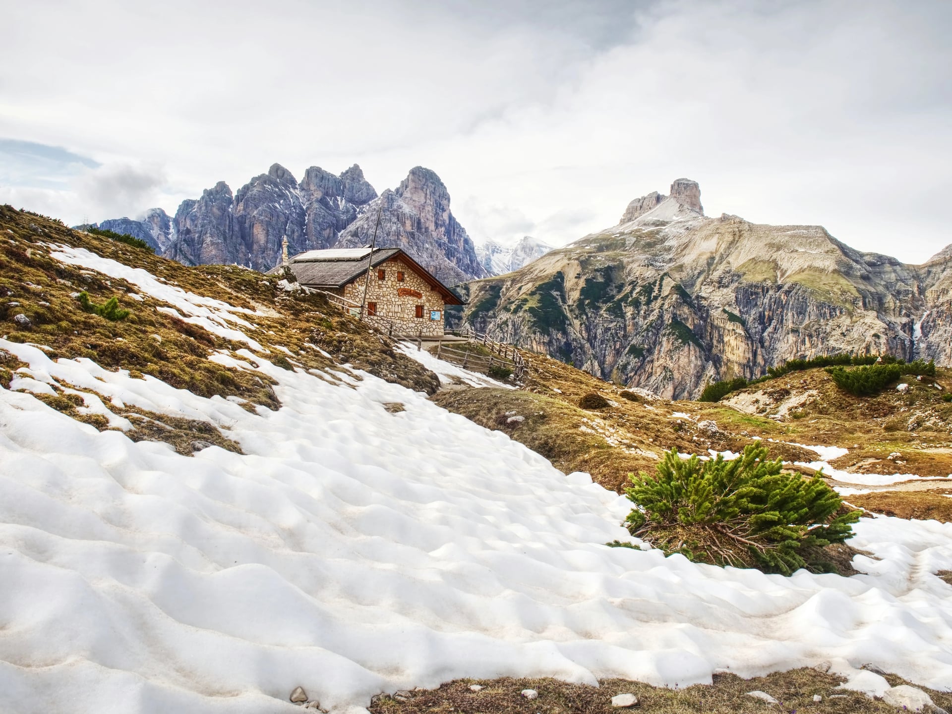 DOLOMITES, ITALY May 27, 2018: Rifugio Langalm hut at Tre Cime