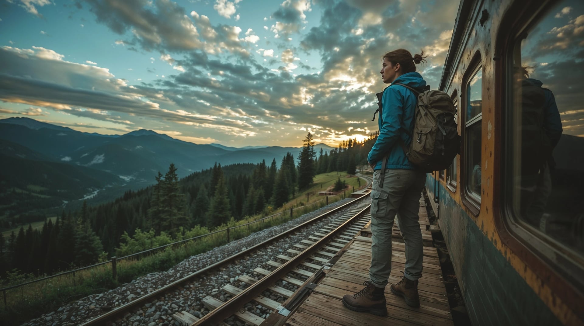 Adventurous hiker standing beside mountain train enjoying scenic alpine landscape