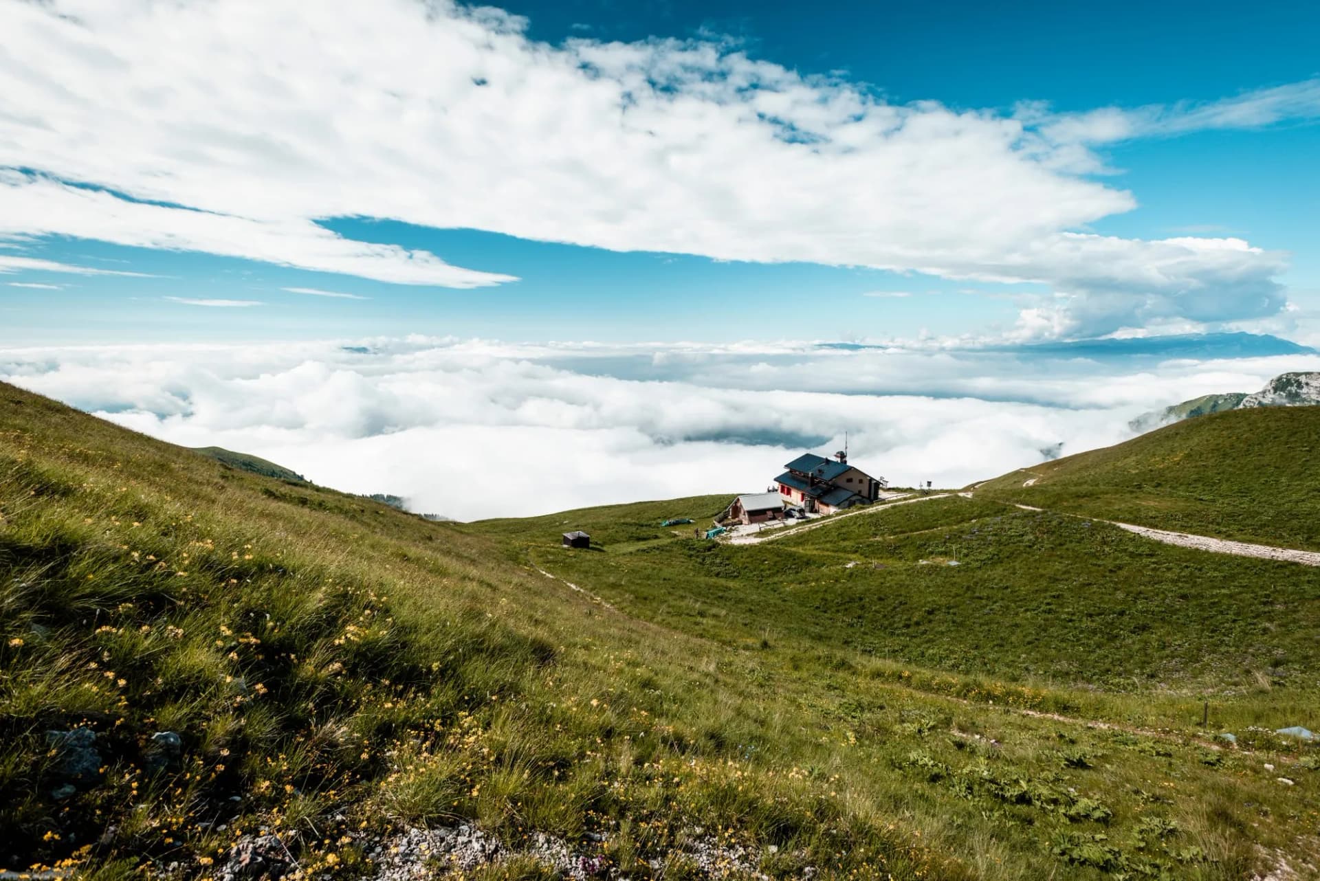 View of Rifugio Dal Piaz from forcella delle Vette Grandi