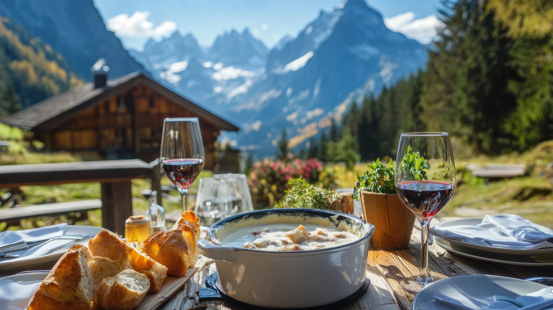 A rustic Swiss alpine restaurant table set with a pot of fondue, fresh bread, and a glass of wine. Majestic mountains provide a scenic backdrop on a clear day