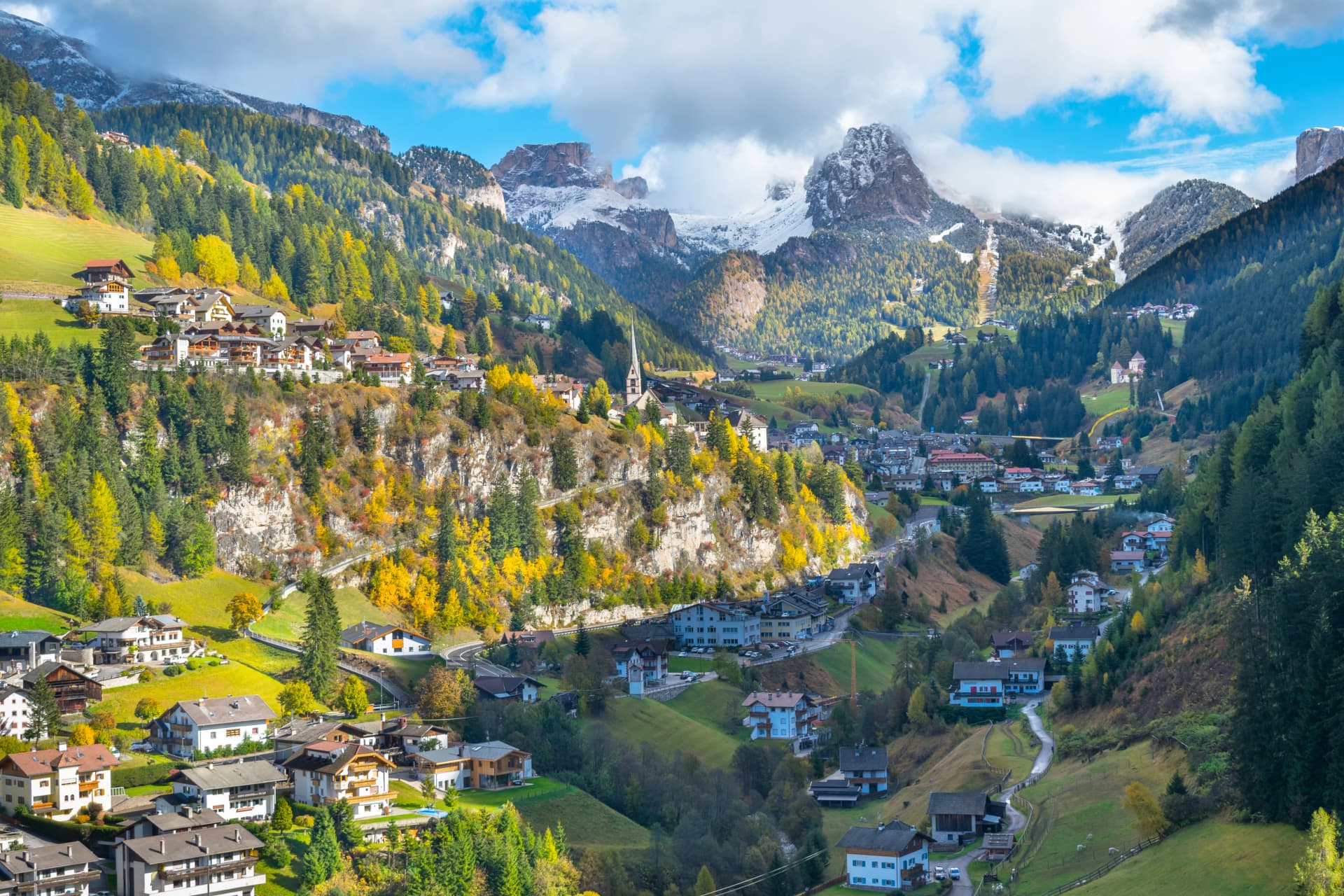 Beautiful landscape of Santa Cristina Val Gardena village in Trentino Alto Adige, Dolomites, Italy