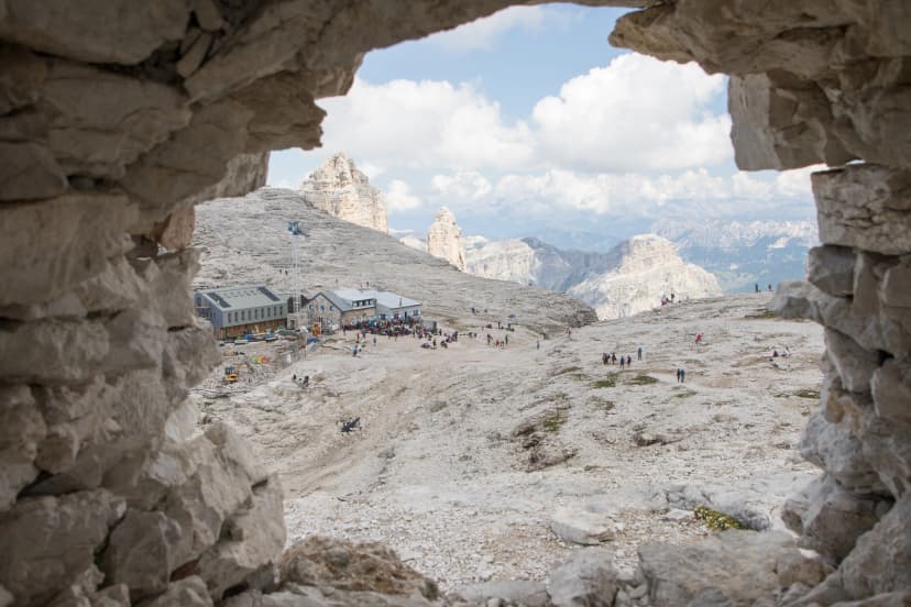 August 28, 2019: top view of Rifugio Boé with hikers in the summer season, Italian Dolomites