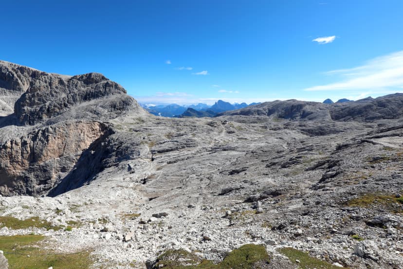 almost lunar scenery of the rocky dolomites on the alps near town of San Martino di Castrozza in Italy