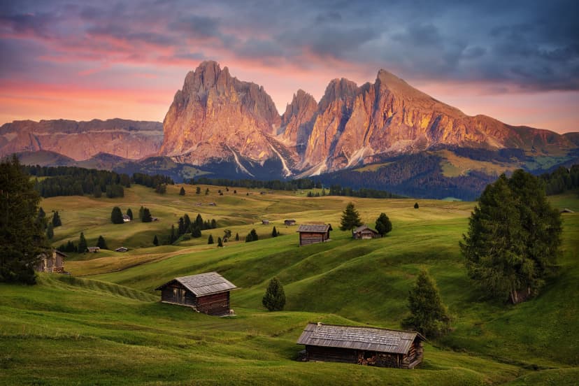 Alpe di Siusi (Seiser Alm) in the Dolomites in Italy during Sunset