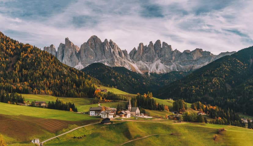 Santa Maddalena (St Magdalena) village with magical Dolomites mountains in background, Val di Funes valley, Trentino Alto Adige region, Italy, Europe
