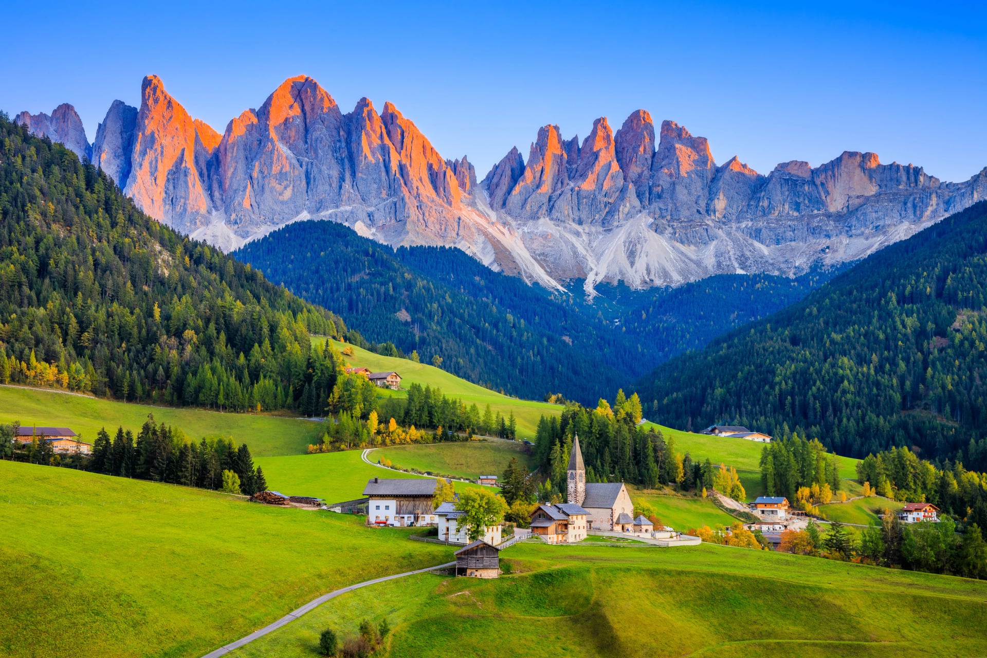 Val di Funes, Dolomites, Italy. Santa Maddalena village in front of the Odle(Geisler) mountain group at sunset.