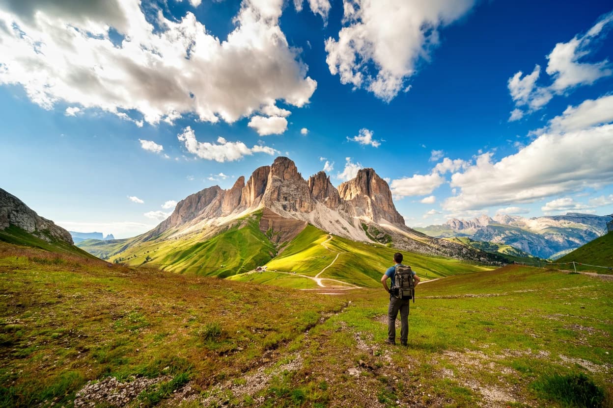 Aerial top view from drone to wonderful alpine landscape and meadows at Pass Gardena with majestic Sella mountain group in Dolomiti. Alps, South Tirol, Dolomites mountains, passo di Val Gardena, Italy