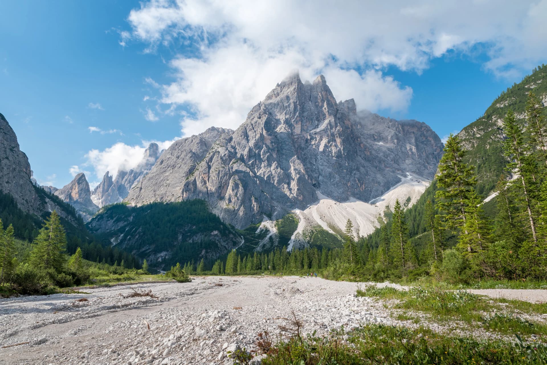 View into the valley Val Fiscalina in Sesto with the beautiful rock formations of the UNESCO World Heritage of the Dolomites mountains.