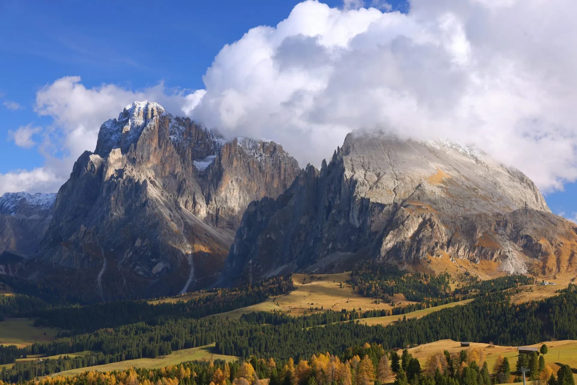 Alpine mountains with snow-dusted peaks above autumn meadows and dark green forests under a blue sky.