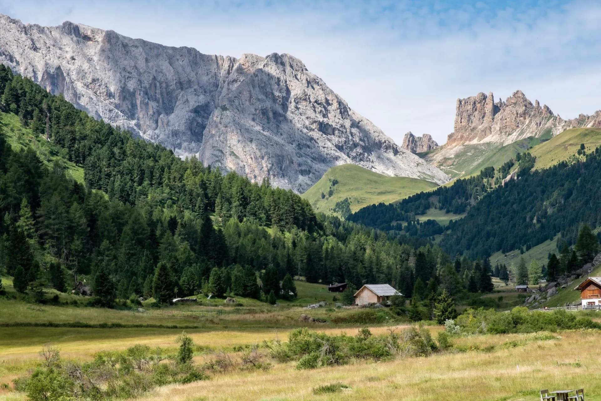 Mountain valley with rocky peaks, pine forests, and small wooden huts in Val Duron.