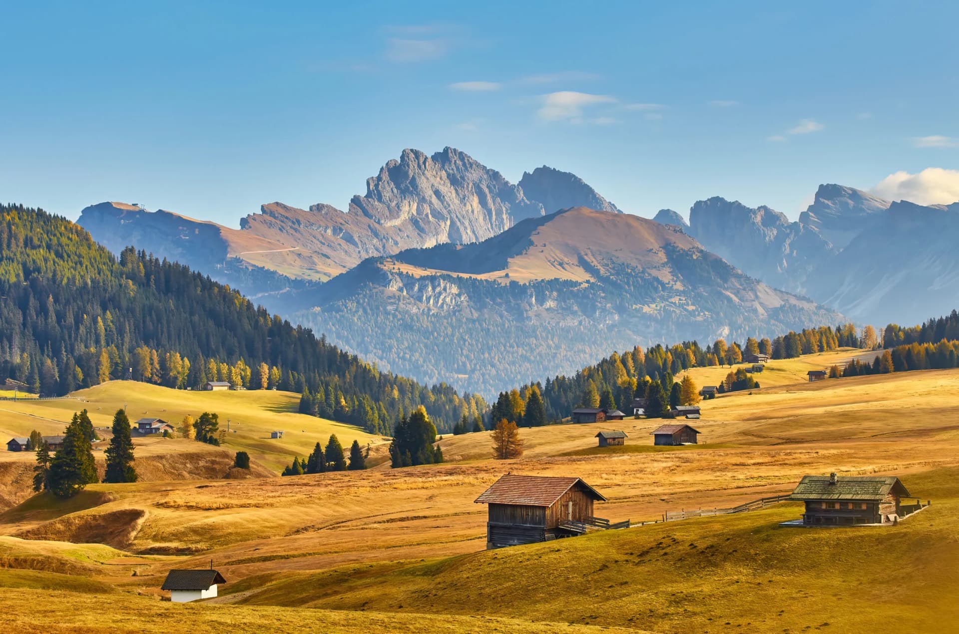 Green meadows and shepherds' huts on Seiser Alm with rugged mountains in the background.
