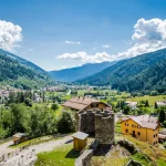 castle in italian alps, scenic view of the "Val Di Sole"  an italian vally on alps from the castle in Ossana