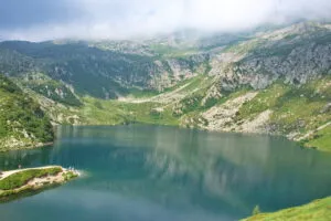 High angle scenic view on Five lakes in Brenta Dolomites in Italy