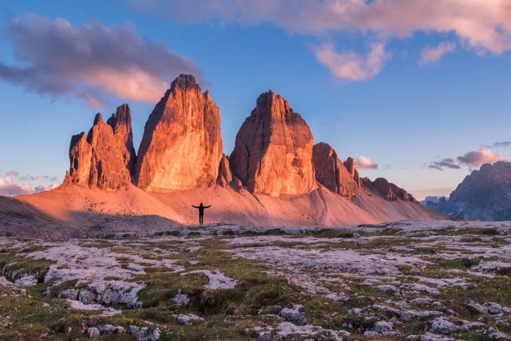 Hiker at Tre Cime di Lavaredo in the Dolomites mountains