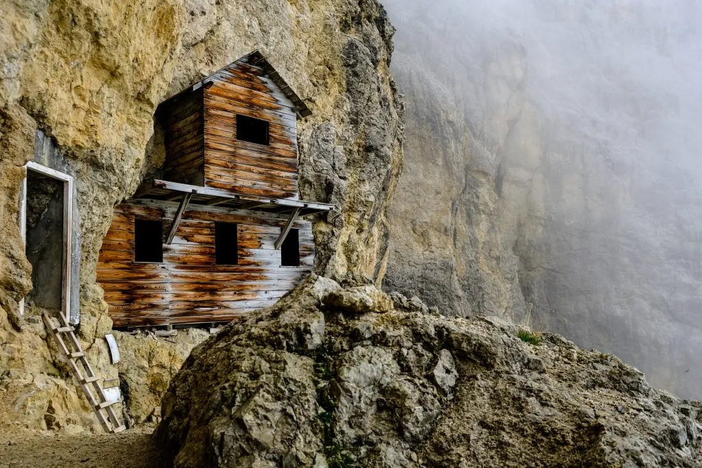 Hut of officers on the Martini Ledge of Mount Lagazuoi during WWI. Rifugio Lagazuoi in Veneto. First world war italian