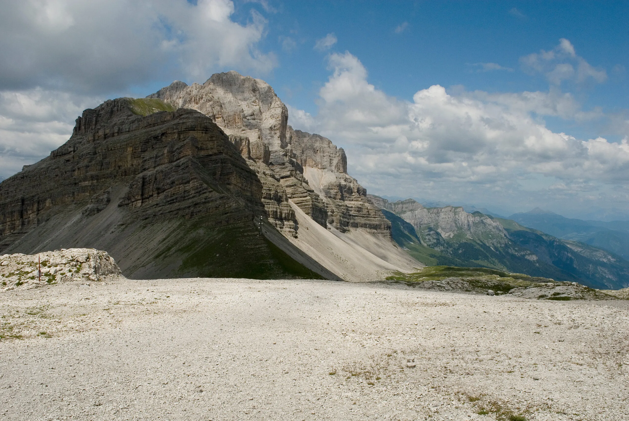 mountains of Brenta Dolomites, top of Cima Pietra Grande Peak and Passo Grostè, rock, summer, sun, clouds, trekking, holidays, resort, Madonna di Campiglio, Unesco Heritage, Trentino, Italy
